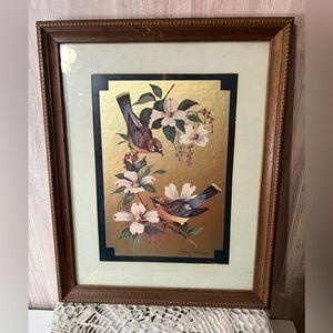 Vintage Birds on Dogwood Wall Art Brown Frame William Whiteside